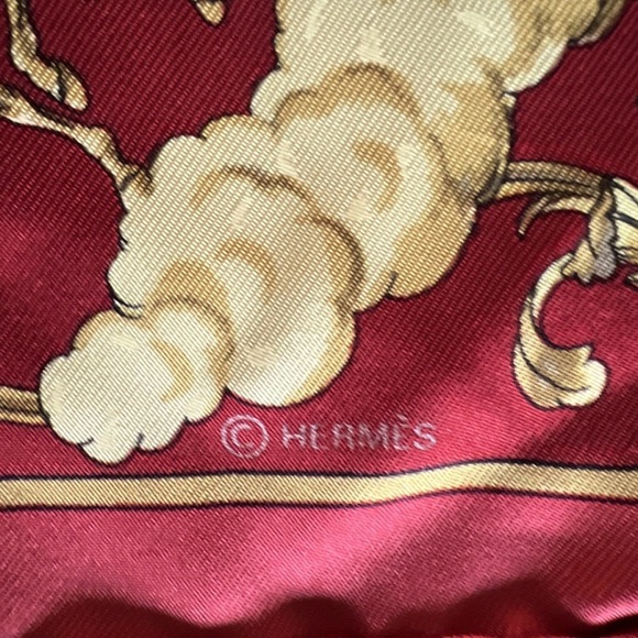 Hermes red “cosmos,” silk scarf neckerchief 16”inch square designed by Ledoux - Picture 5 of 6